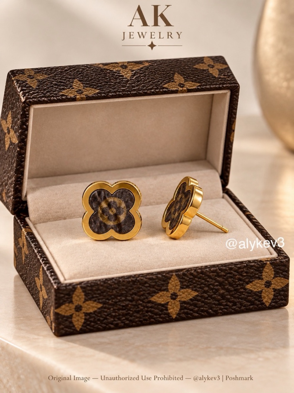 💎LUXURY Gold-Tone Quatrefoil Brown Pattern Stud Earrings | by AK Jewelry™